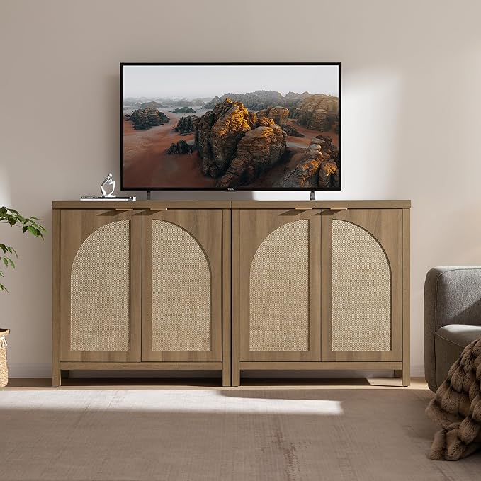 SICOTAS 102" W Rattan Sideboard Buffet Cabinet with Storage Set of 3, Mid Century Modern Credenza with Arch Doors & Shelves Farmhouse Coffee Bar Media Console Cabinets for Living Room, Entryway