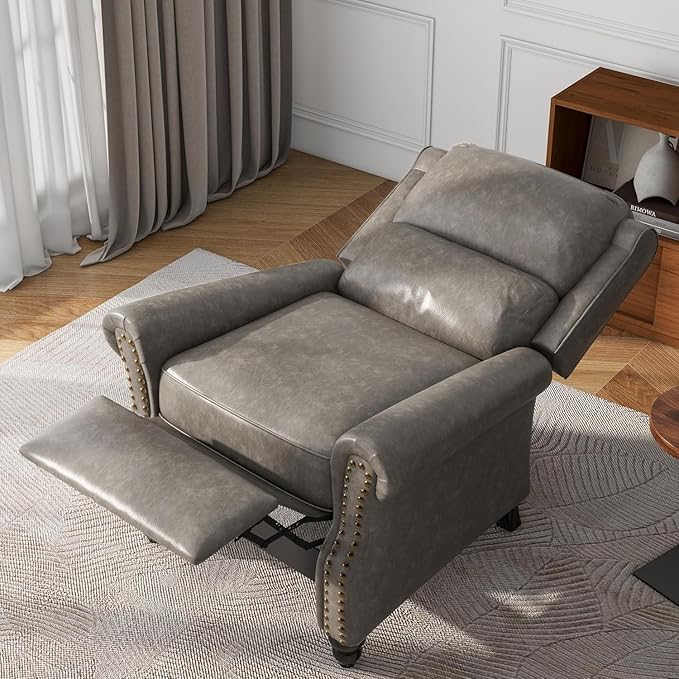 UIXE Faux Leather Recliner Chair, Pushback Armchair Overstuffed Accent Chair for Living Room, Rivet Trim Club Chair Home Theater Single Sofa Bedroom Side Reading Seat - Gray