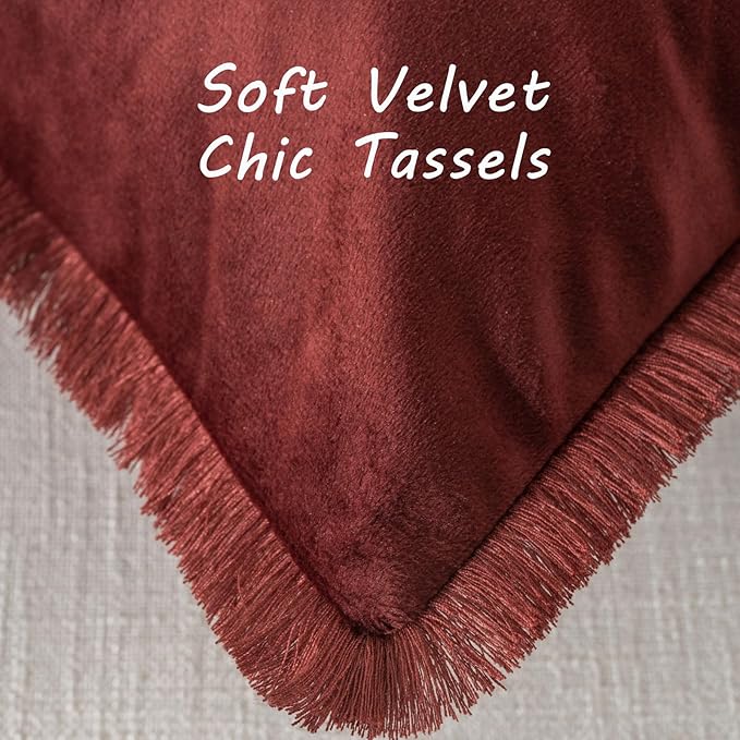 FUTEI Burgundy Velvet Decorative Throw Pillow Covers 12x20 Set of 2,Soft Cozy Edge with Tassels Lumbar Pillow Cases,Boho Modern Home Decor for Couch Bed Living Room
