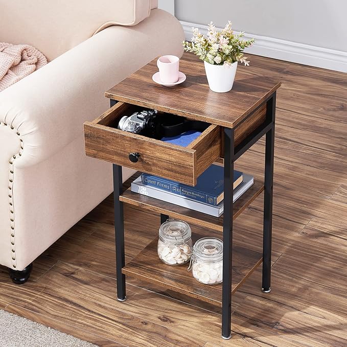 VECELO 27.5" Tall End Tables, Nightstands with Adjustable Shelf and Bin Drawer for Living Room/Bedroom,Set of 2