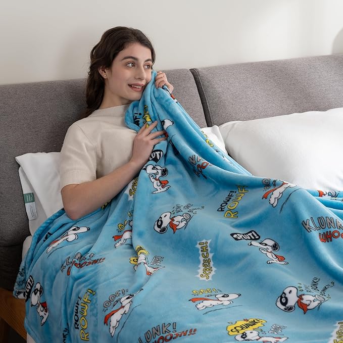 Berkshire Blanket Peanuts® VelvetLoft® Cute Character Snoopy Plush Blanket,Peanuts Large Masked Marvel Toss Happy Blue,Full/Queen 90 in x 90 in (Official Peanuts® Product)