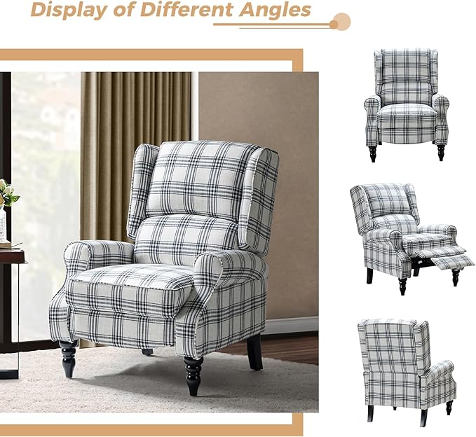 HULALA HOME Upholstered Wingback Recliner Chair, Small Adjustable Footrest Push Back Single Reclining Sofa, Mid Century Modern Lounge Armchair for Living Room, Bedroom, Reading/Plaid Black