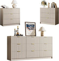 3-Piece Dresser Bedroom Set, 9 Drawer Dresser & 3 Drawer Nightstands with Gold Handles, Fluted Wood Chest of Drawers for Bedroom, Living Room, Entryway, Beige