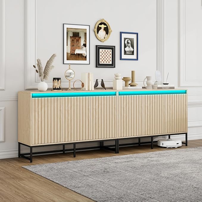 Fluted Sideboard Buffet Cabinet with Storage, 47" Wood Storage Cabinet with Doors and Adjustable Shelves LED Light, Modern Credenza for Kitchen, Dining room, Living room, Entryway(Oak, set of 2)