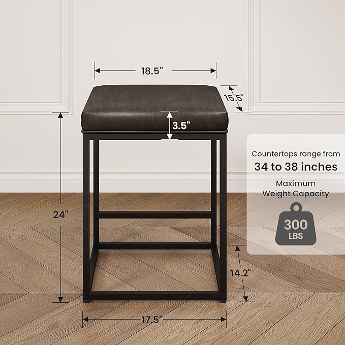 PHI VILLA Bar Stools Set of 2 - Thick Cushion Bar Chairs Metal Steel Frame Base with Footrest, Counter Height 24'' Bar stools