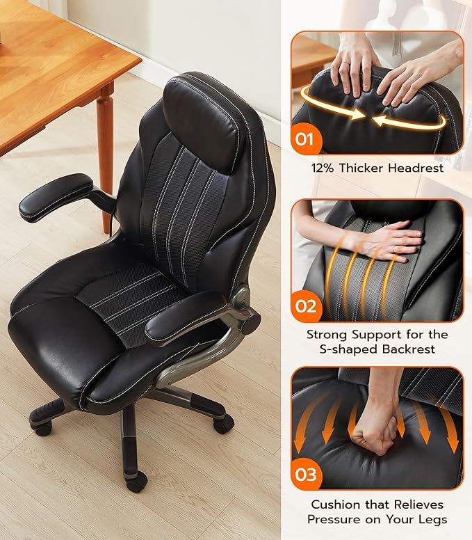 Office Desk Chair, Ergonomic Computer Chair with Padded Flip-Up Arms and Adjustable Lumbar Support, PU Leather Executive Chair with Tilt Lock and 360° Swivel Rolling Wheels for Work, Study