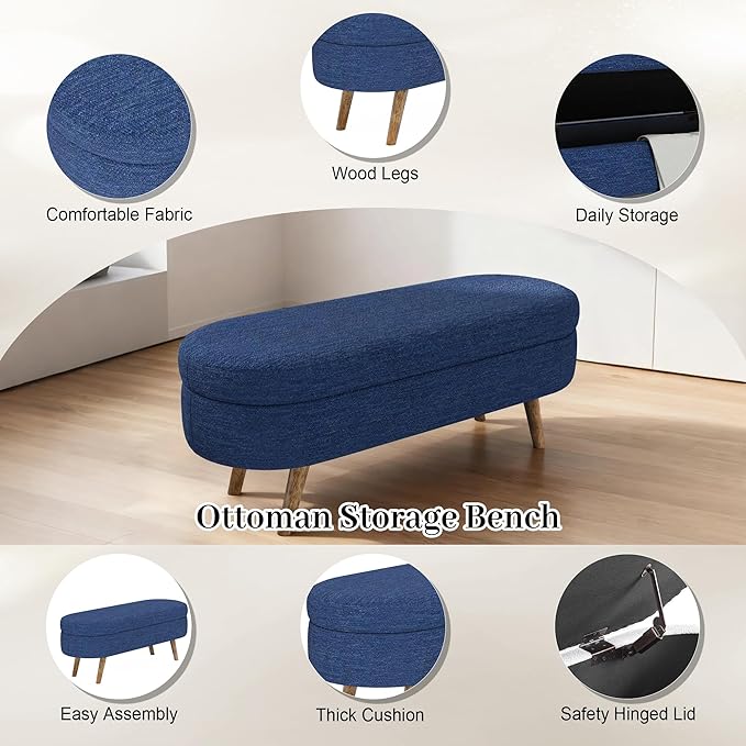 Storage Ottoman Bench 43" Storage Bench for Bedroom, Upholstered Soft Boucle Fabric End of Bed with Safety Hinge Solid Wood Legs Foot Stool Benches for Hallway,Closet,Oval, Entryway, Blue