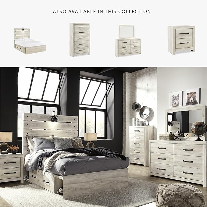 Signature Design by Ashley Cambeck Farmhouse Full Panel Platform Bed with 4 Storage Drawers, Sconce Light and USB Ports, Foundation or Box Spring Not Needed, Whitewash