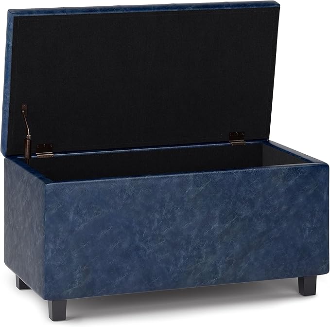 SIMPLIHOME Cosmopolitan Storage Ottoman - 34 inch Wide Upholstered Vegan Leather Rectangle Storage Ottoman Bench in Denim Blue, Transitional Tufted Ottoman for Living Room or Entryway with Lift-Up Lid