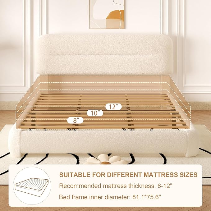 King Size Cloud Bed Frame, Upholstered Boucle Platform Bed with Adjustable Headboard, Anti-Collision Soft Rounded Corners, Noise Free, Easy Assembly, Cream