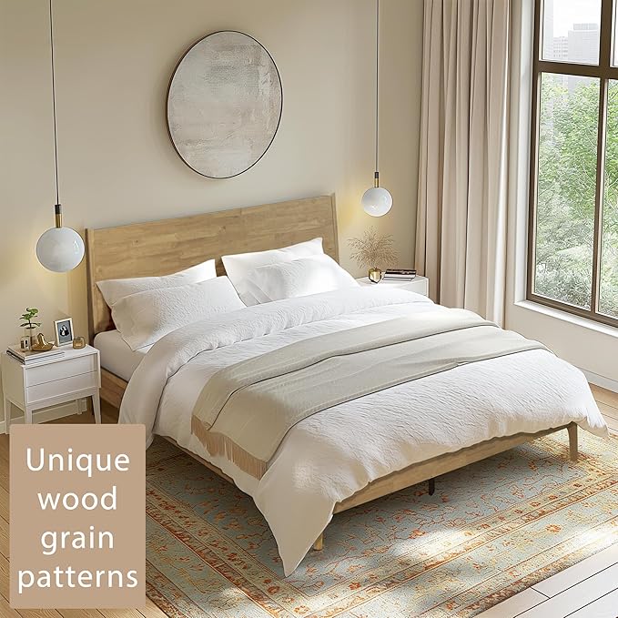 Acacia Haven Queen Bed Frame and Headboard, Platform Bed Frame Scandinavian Wood Bed Compatible with All Mattress Types, Wood Slats Support 800lbs Capacity, Quick & Easy Assembly, Oak.
