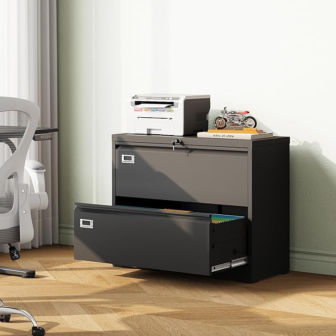 DEVAISE Metal Lateral File Cabinet with Lock, 2 Drawer Filing Cabinets for Home Office, 16" D x 35" W x 29" H Wide Storage Organization for Hanging Files Letter/A4/Legal/F4 Size, Black