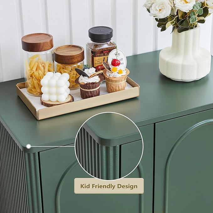 ORRD Fluted Storage Cabinet, Modern Credenza Wooden Accent Sideboard Buffet Cabinet with Adjustable Shelves and Solid Wood Legs, Console Table for Kitchen Dining Living Room Entryway, Green