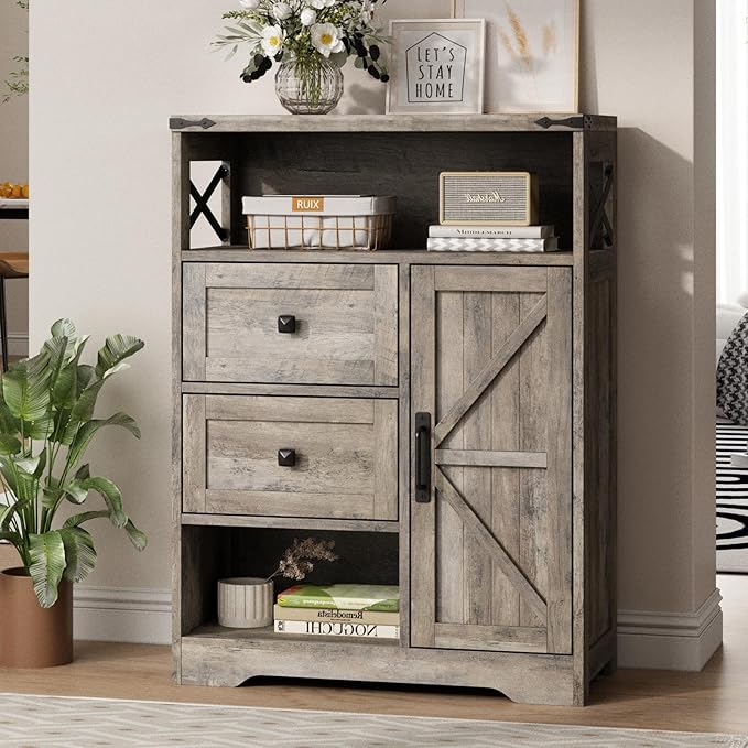 Fameill Farmhouse Storage Cabinet with 2 Drawers & Shelves,Freestanding Kitchen Cabinet with Doors,Floor Storage Organization for Living Room,Bathroom,Laundry,Grey