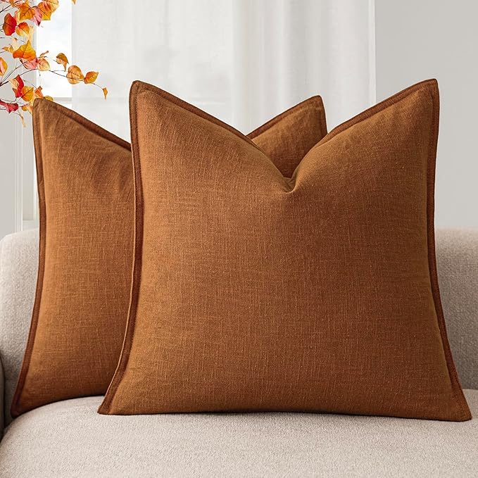 Foindtower Set of 2, Decorative Linen Soild Throw Pillow Covers Soft Accent Cushion Euro Case Boho Farmhouse Pillowcase for Chair Couch Sofa Bedroom Living Room Home Decor 24 x 24 Inch Autumn Orange