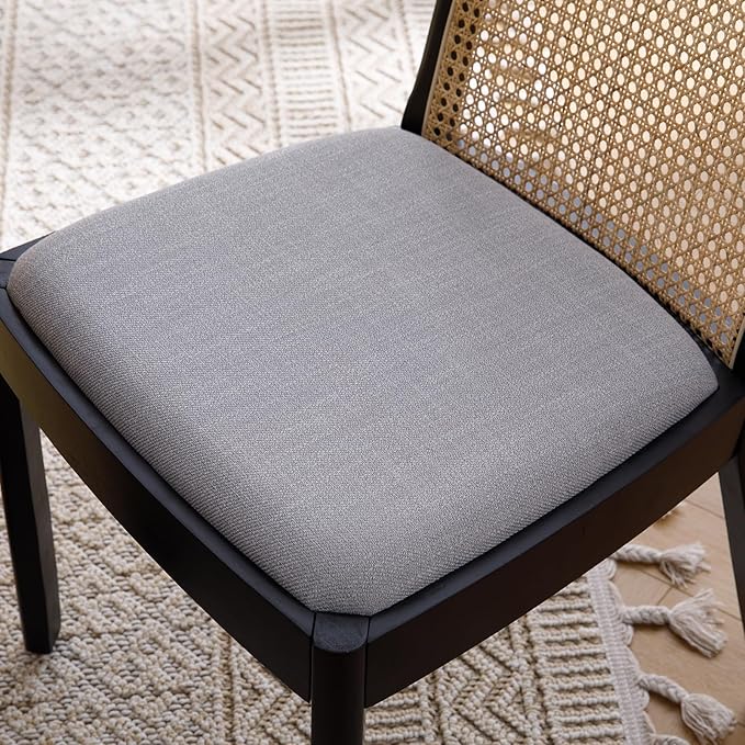 Rattan Dining Chairs Set of 2, Modern Dining Room Chairs with Cane Back Comfy Accent Kitchen Chair Upholstered Linen Fabric Chair for Restaurant/Living Room, Grey