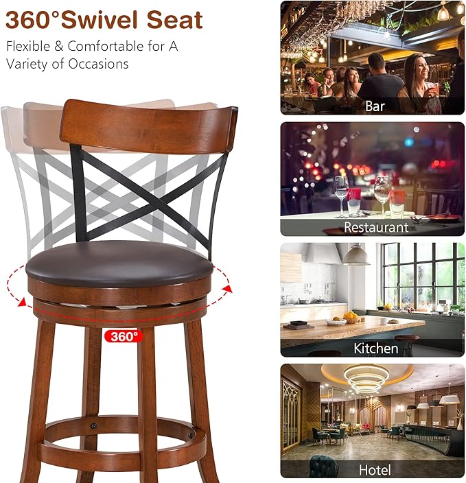 COSTWAY Bar Stool Set of 2, 360-Degree Swivel Solid Wood Stools with Soft Cushion & Backrest, 29.5”Height Kitchen Counter Bar Stools for Kitchen Island, Pub, and Restaurant (2, 29in)