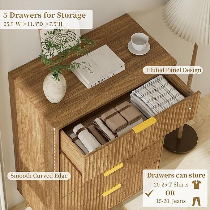 LYNSOM Fluted Dresser and Nightstand Sets 3 Piece, 5-Drawers Dresser and 1-Drawer Nightstands Set of 2, Wood Bedroom Furniture Set for Home, Bedroom, Hallway, Natural Oak