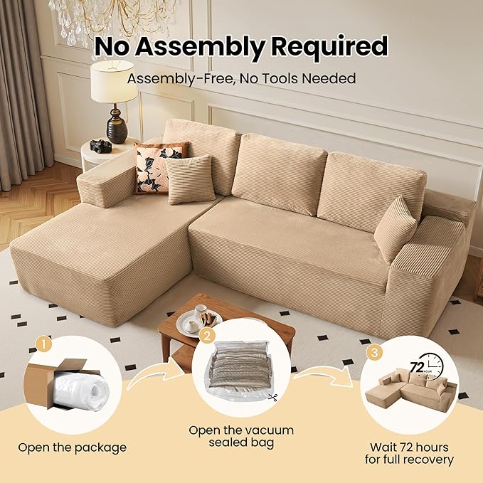 104" Cloud Sectional Couch with Chaise, Boneless L-Shaped Cloud Couch with Deep Seat, Corduroy Modern Minimalist Sofa, Assembly Free Comfy Sofa for Office Living Room Apartment(Camel, Left Chaise)