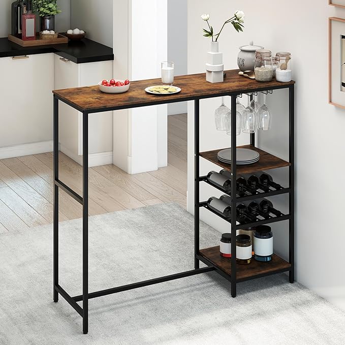 COSTWAY 48" Long Bar Table, Bar Height Dining Table with Storage Shelves, Wine Racks & Stemware Holders, Industrial Breakfast Table for Kitchen Living Room Behind Couch, Rustic Brown
