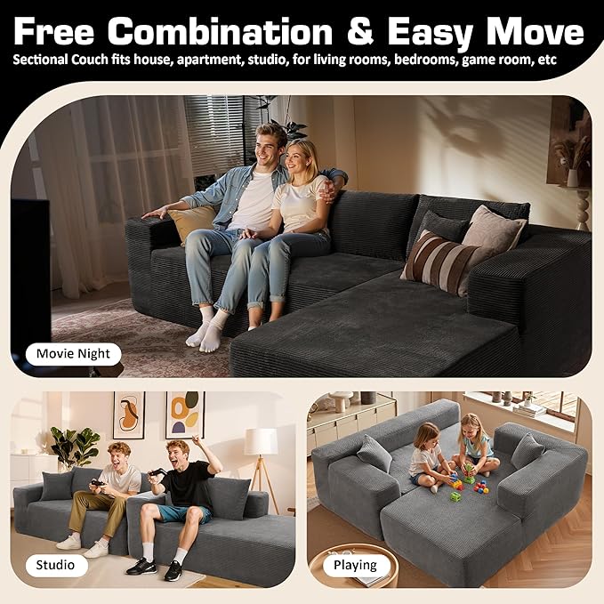 106" Cloud Sectional Couch with Chaise Lounge,L Shaped Modular Modern Sofa,Comfy Corduroy Fluffy Couches with Deep Seat,No Assembly Required Couch for Living Room(Right,Stripe Corduroy,Gray)