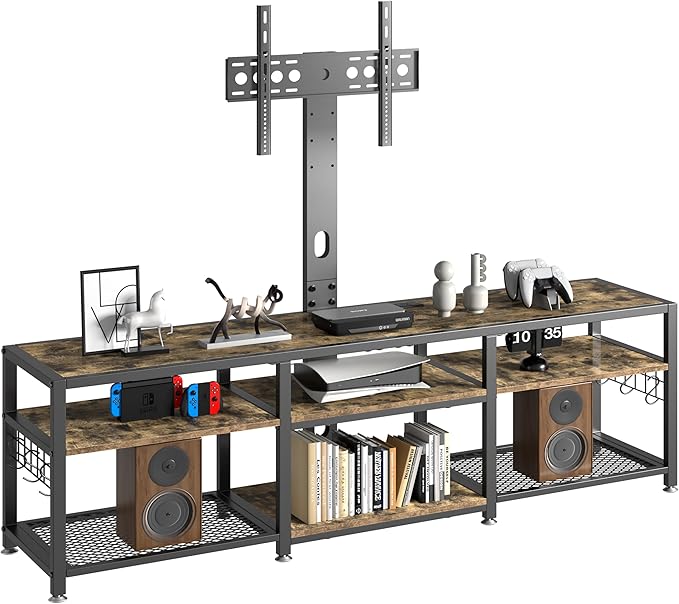VECELO 63" TV Stand with Mount and Power Outlets, Entertainment Center Console with Open Storage Shelves, Height Adjustable Mount up to 75”, Wooden Table and Metal Frame for Living Room, Rustic Brown