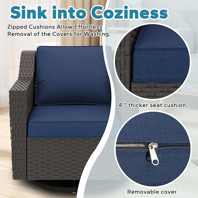 Patio 2 Pieces Wicker Swivel Chairs Set of 2，Outdoor PE Rattan Rocking Glider Armchairs, Water-Resistant Cushions with Removable and Washable Covers, Porch, Balcony, Sunroom (Navy Blue)