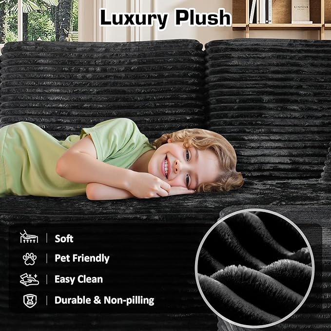 106" Cloud Sectional Couch with L-Shape Chaise & Ottoman, No Assembly Modular Sofa, Deep Seat Plush Corduroy Boneless Couched for Living Room (Black Plush Corduroy, Left Facing Chaise with Ottoman)