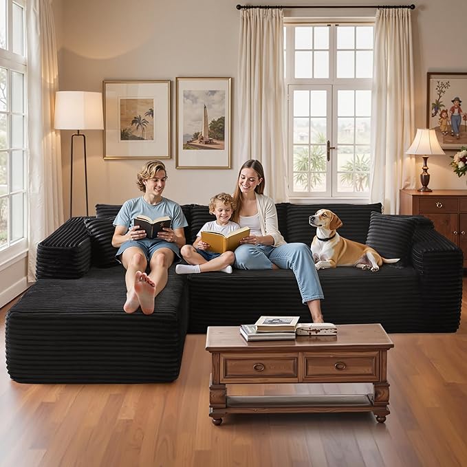 106" Cloud Sectional Couch with Chaise Lounge,L Shaped Modular Modern Sofa,Comfy Corduroy Fluffy Sofa with Deep Seat,No Assembly Required Couch for Living Room(Left,Plush Corduroy,Black)