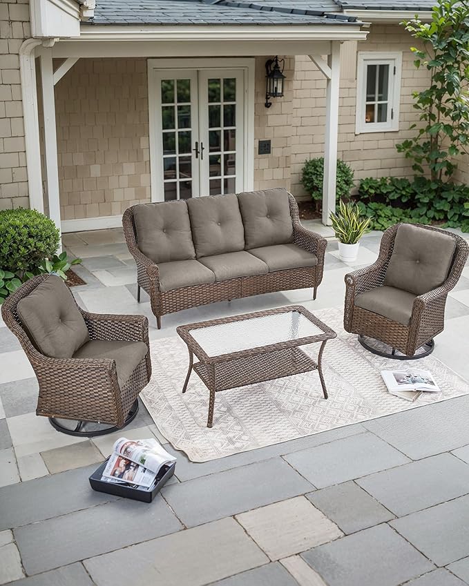 Patio Couch Outdoor Wicker Sofa - Heavy Duty All-Weather Brown Rattan 3-Seater with High Back and Comfortable Thick Cushions for Garden Back Porch Poolside Apartment - Grey