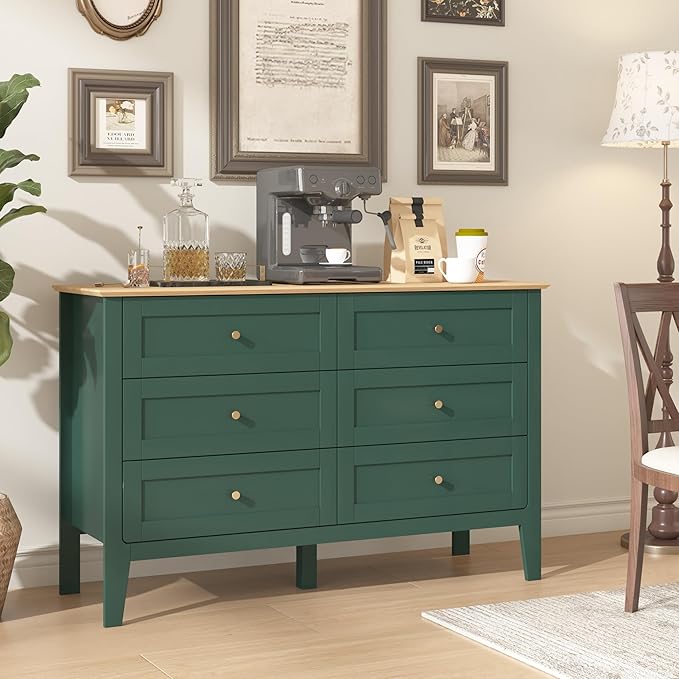 6 Drawers Green Dresser for Bedroom, 47" Wide Wood Modern Chest of Drawers, Shaker Style, Modular Dresser TV Stand for Bedroom, Living Room, Hallway (Green)