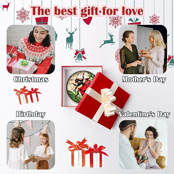 Stained Glass Window Hanging - Red Seven-Spotted Ladybug Sun Catcher for Door Home Decor Insect Suncatcher Christmas Mother's Day Birthday Gifts for Women Men Mom Nana 7.8 in