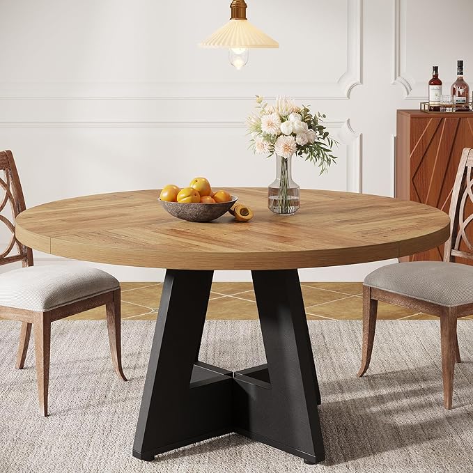 Tribesigns Farmhouse Dining Table, 47 Inch Round Dinner Table for 4, Rustic Round Dining Room Table for Home Dining Room Living Room (Walnut Brown+Black)