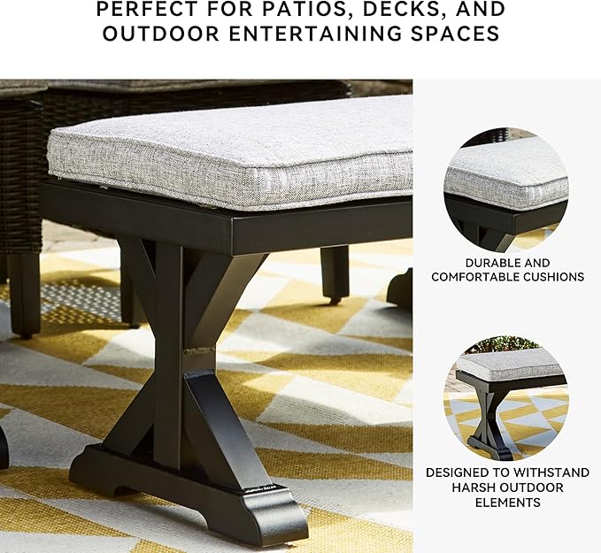 Signature Design by Ashley Beachcroft Casual Nuvella Weather Resistant Fabric Outdoor Bench with Cushion, Light Gray & Black