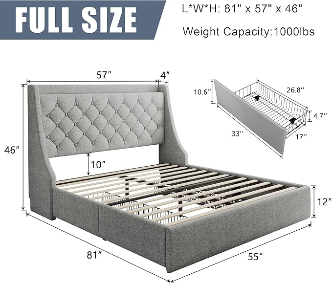 Full Size Upholstered Platform Bed Frame with 4 Storage Drawers and Charging Station, Linen Button Tufted Wingback Headboard, Sturdy Wooden Support Slats, No Box Spring Needed, Light Grey