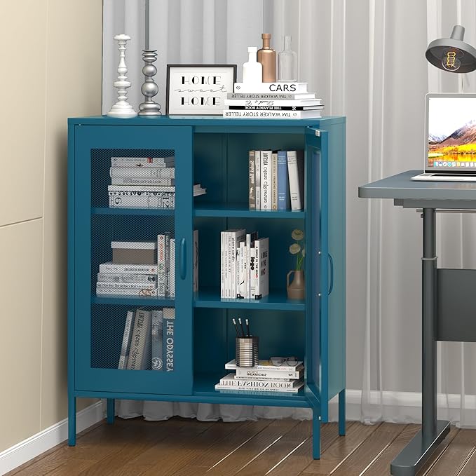 Blue Metal Storage Cabinet with Mesh Doors, Small Office Storage with 2 Adjustable Shelves, Accent Metal Locker for Home, Office, Living Room, Hallway