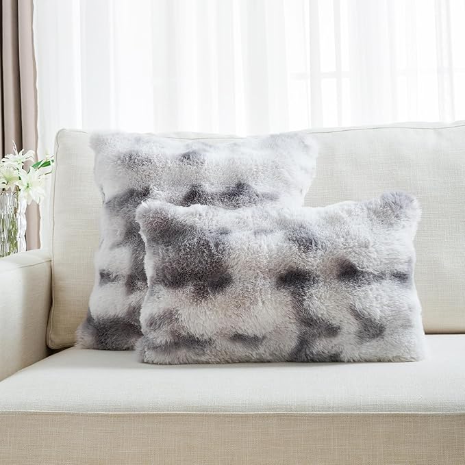 FUTEI Grey White Decorative Throw Pillow Covers 12x20 Inch Set of 2,Soft Fuzzy Faux Rabbit Fur Pillow Case with Raised Texture,Neutral Boho Home Decor for Couch Bed Living Room