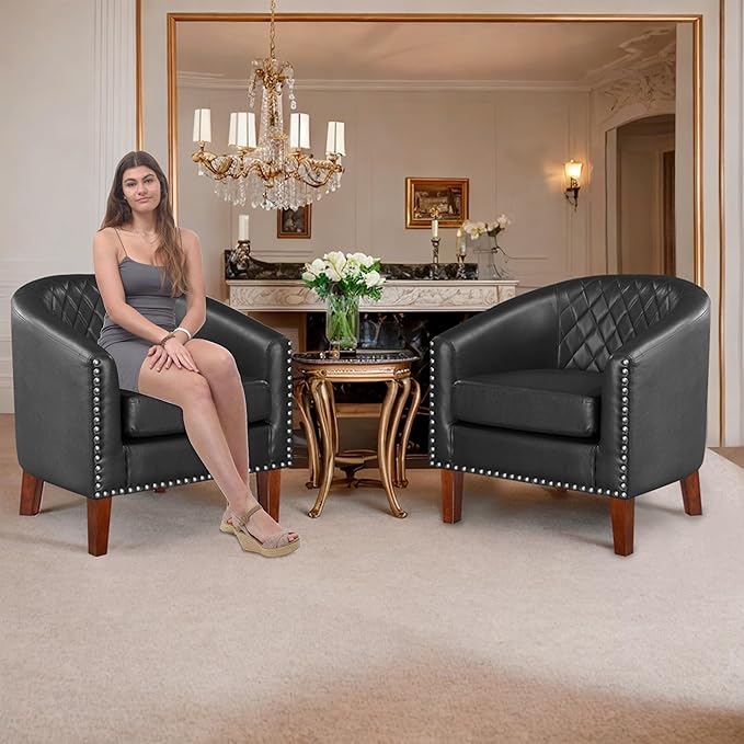 Prilinex Comfy Barrel Accent Chair - Faux Leather Living Room Chair Club Chair with Cushion, Diamond Grid Backrest & Nailhead Trim, Guest Chair for Office, Bedroom & Waiting Room, Black
