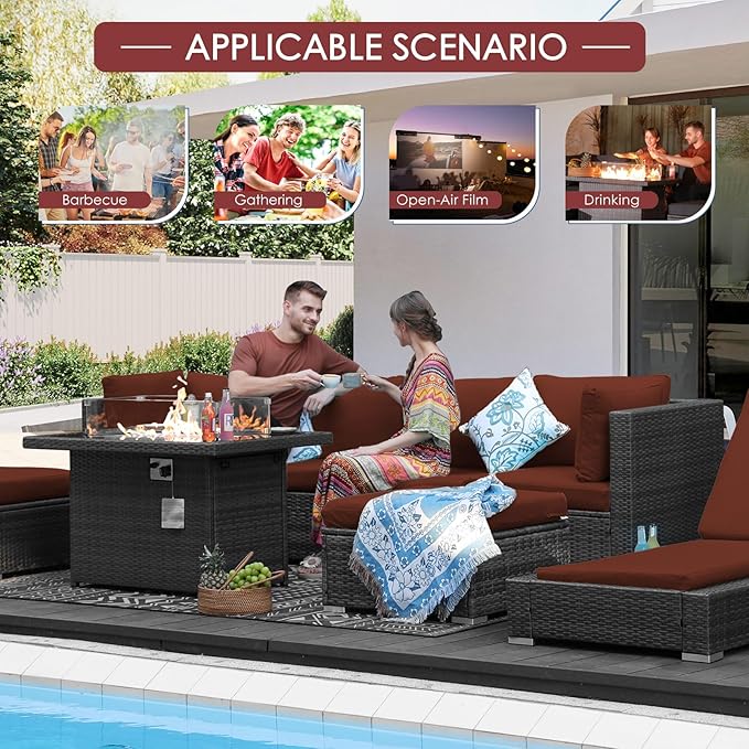 NICESOUL 7 Pieces Modern Luxury 29.3'' High Back Outdoor Furniture Sofa Set, Extra Large Size Grey PE Wicker Patio Modular Sectional with Tables, All-Weather Rattan Conversations for Backyard, Wine