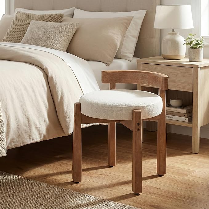 HNY Modern Linen Ottoman Set of 2- Low-Back Makeup Seat & Lounge Footrest with Solid Wood Frame, Casual Style for Bedroom Dressing Area, Beige