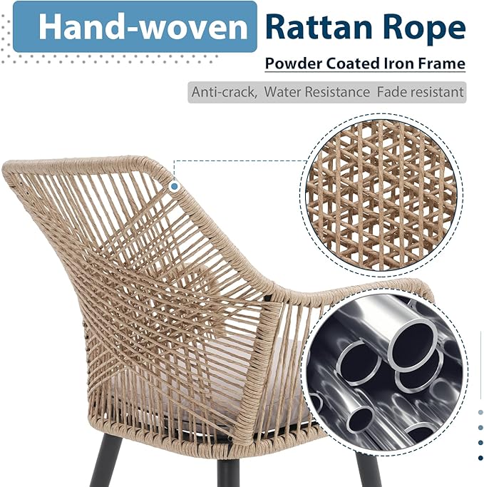 JOIVI Outdoor Dining Chairs Set of 4, 4 Pieces Woven Rope Patio Chairs with Armrest and Seat Cushions for Outside Porch, Balcony or Indoor Kitchen, Restaurant, Tan