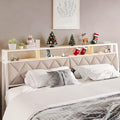 Queen Headboard Only, Headboard for Queen Size Bed with Storage, Upholstered Headboards with LED Lights & Charging Station, Attach Frame, Ideal for Bedroom/Dorm/Guest Room, White & Beige