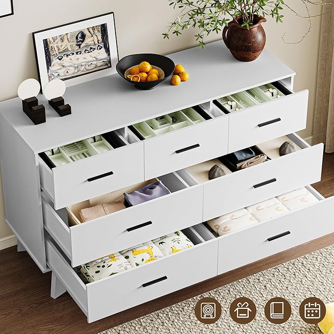 Dresser for Bedroom with 7-Drawer, 47.2" Wide Modern Chest of Drawers with Metal Handles, X-Shape Base & Adjustable Center Leg, Anti-Tip Closet Organizers and Storage