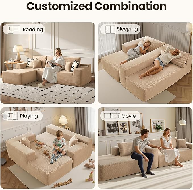 104" Cloud Sectional Couch with Chaise, Boneless L-Shaped Cloud Couch with Deep Seat, Corduroy Modern Minimalist Sofa, Assembly Free Comfy Sofa for Office Living Room Apartment(Camel, Left Chaise)