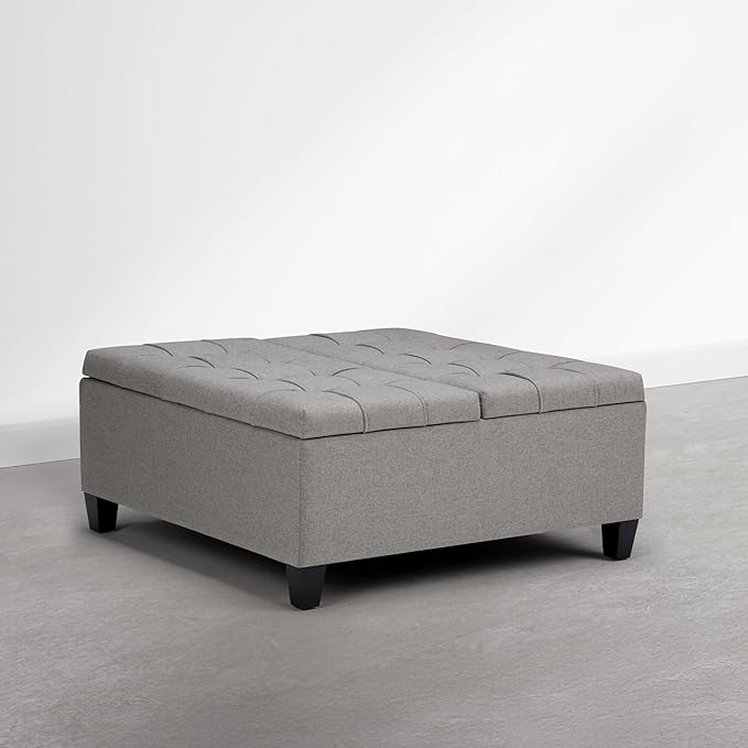 SIMPLIHOME Harrison Coffee Table Storage Ottoman - 36 inch Wide Upholstered Linen Look Fabric Square Storage Ottoman in Oyster Grey, Transitional Tufted Ottoman for Living Room with Split Lift-Up Lid
