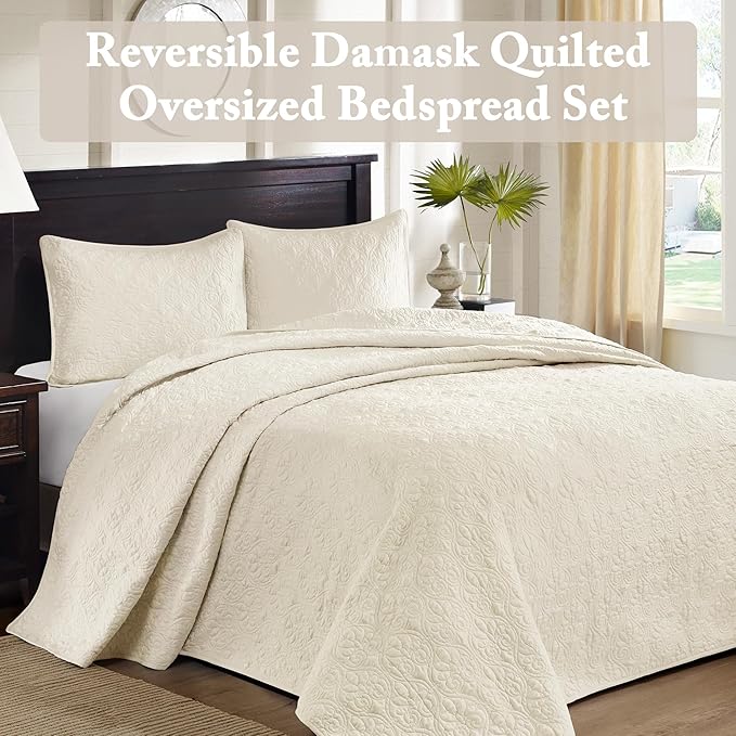 Madison Park Quebec Queen Size Quilt Bedding Set - Ivory , Damask – 3 Piece Bedding Quilt Coverlets – Ultra Soft Microfiber Bed Quilts Quilted Coverlet