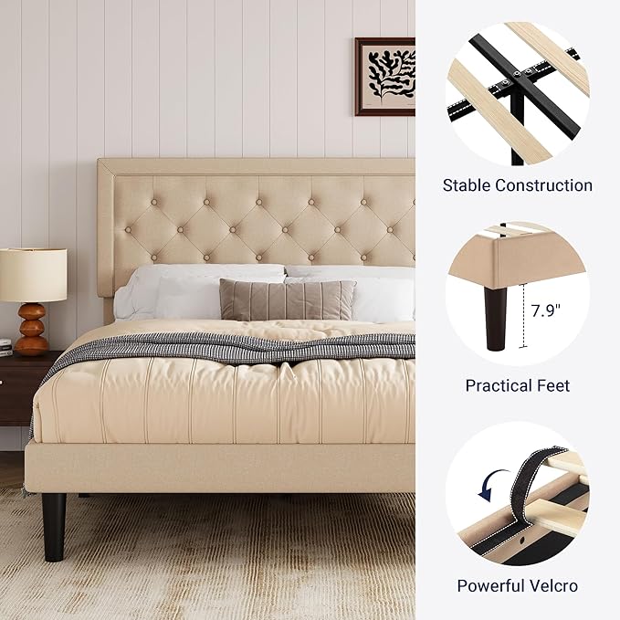 Allewie Queen Size Button Tufted/Fabric Upholstered Bed Frame with Adjustable Headboard/Wood Slat Support/Mattress Foundation/Beige