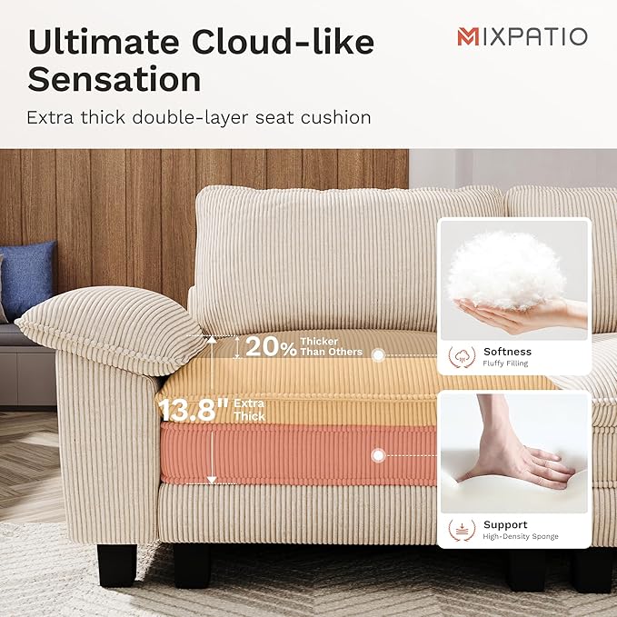 Cloud Couch Sectional Sofa Set, Plush 24.4-Inch Deep 5-Seat Sectional with Velvety Corduroy & Removable Arms for Living Room and Apartment, Beige