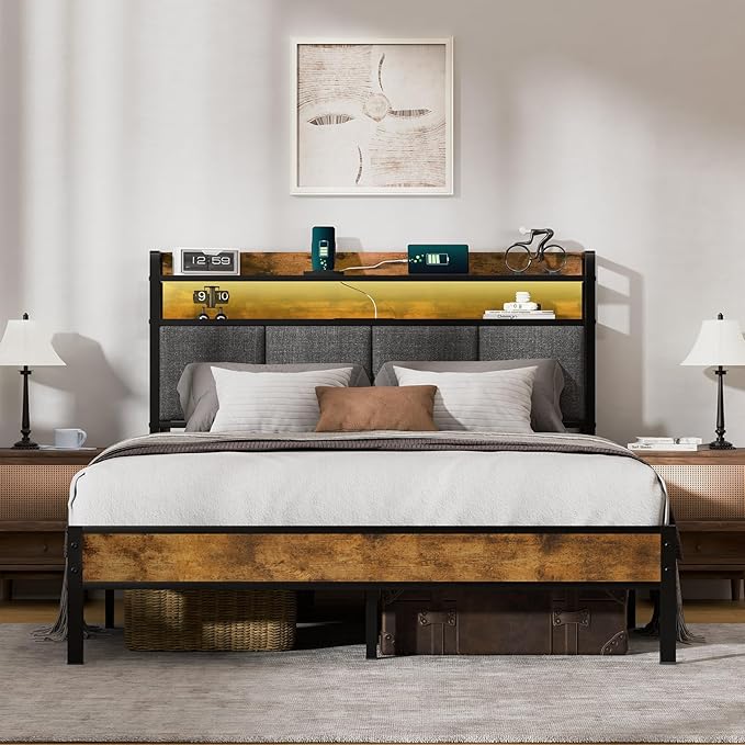 Z-hom Full Bed Frames, Full Bed Frame with 2-Tier Storage Upholstered Headboard, Metal Platform with USB Charging Station & LED Lights, Noise Free, No Box Spring Needed, Easy Assembly, Vintage Brown