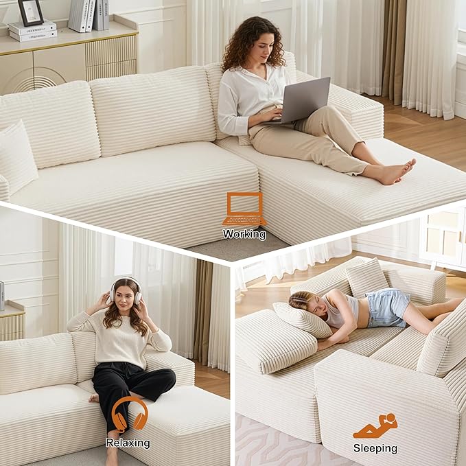 106" Cloud Modular Sectional Sofa Couch,L-Shape Modern Boneless Sectional Couch with Deep Seat,Upholstered Couches for Living Room Bedroom,No Assembly Required,Beige